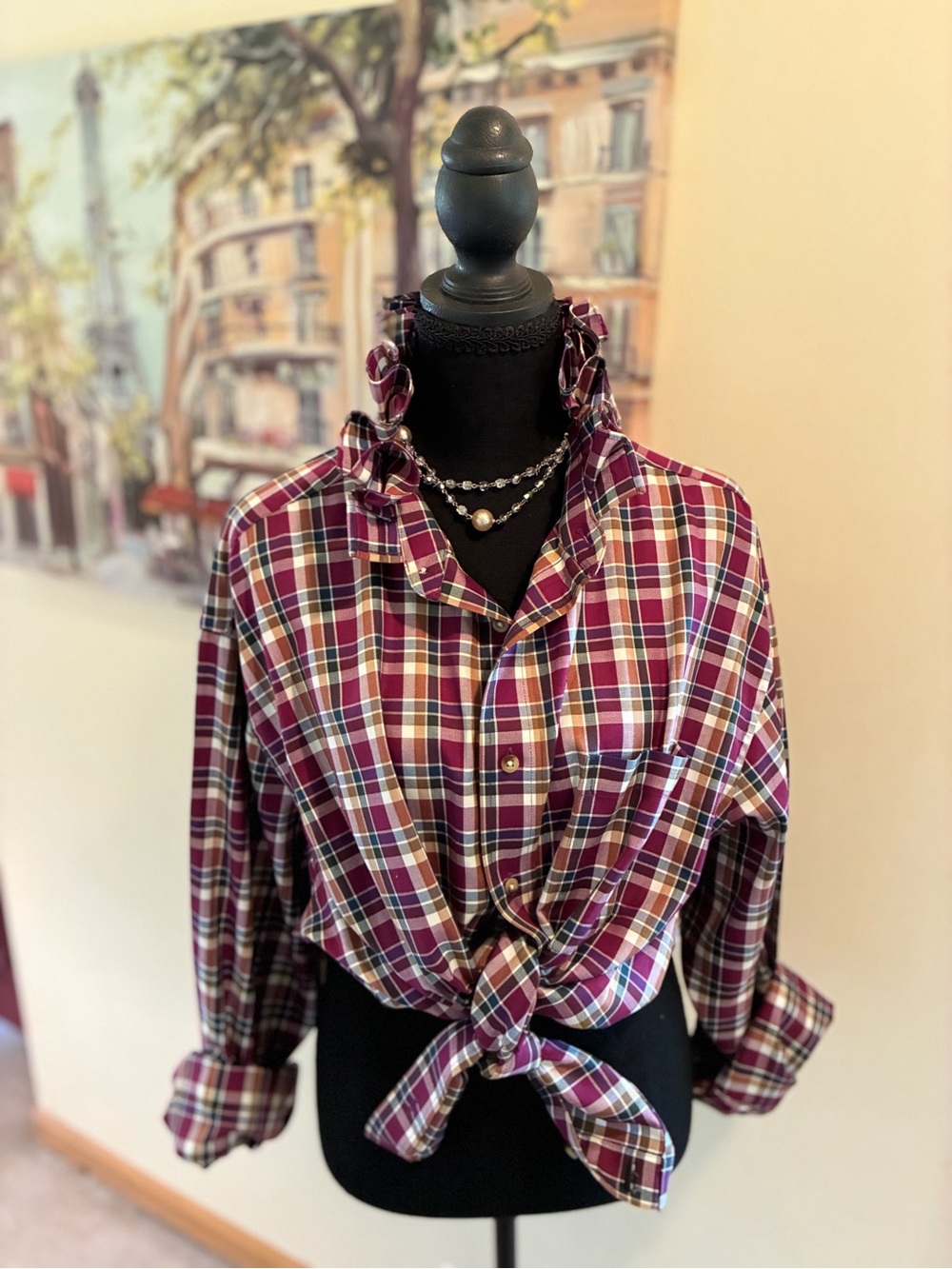 Jos. A. Bank Burgundy Plaid Ruffle Collar Shirt
